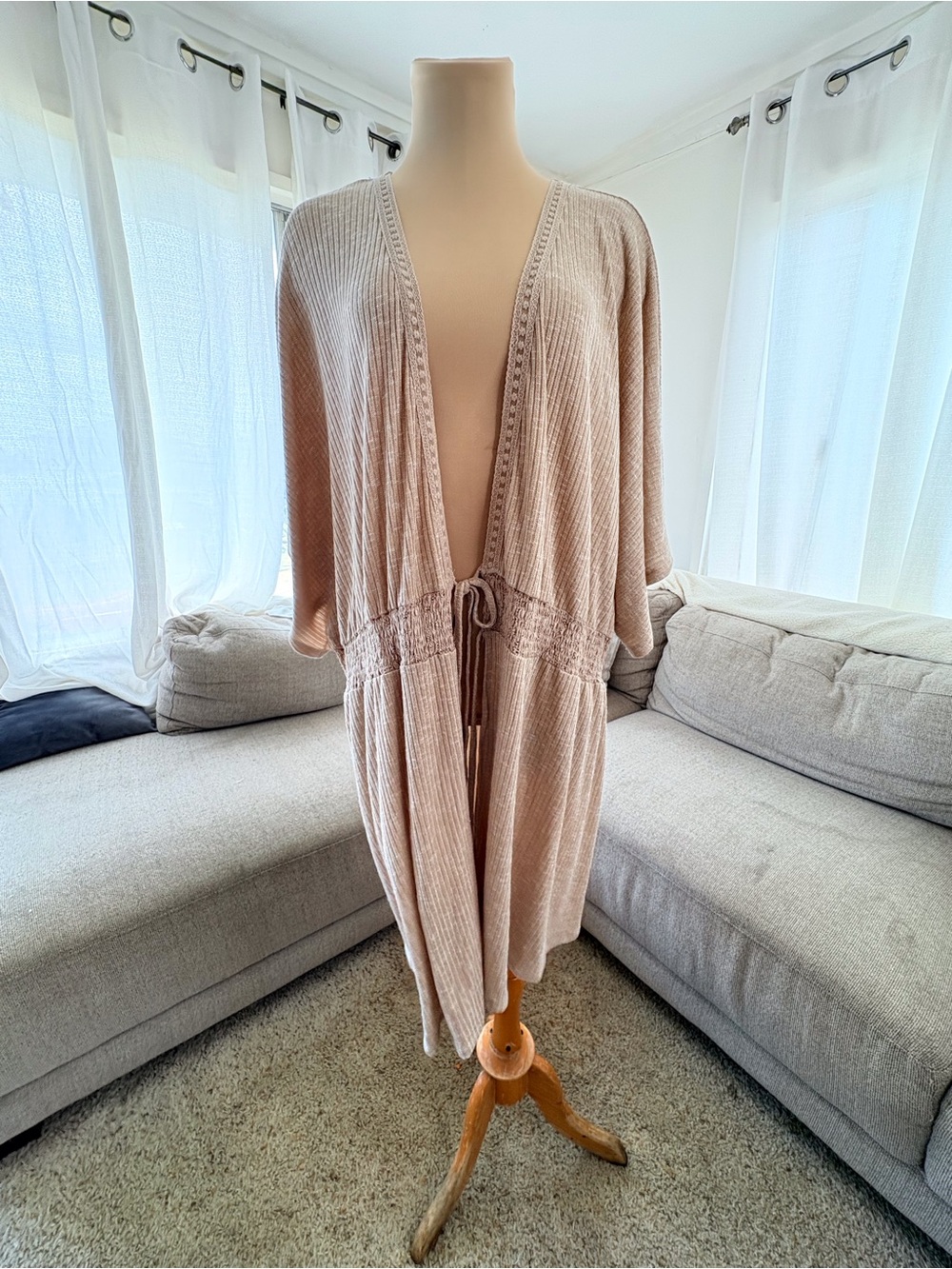 NWT Light Beige Open-Front Boho Knit Cardigan with Tie Waist Lace Embroidery XXL